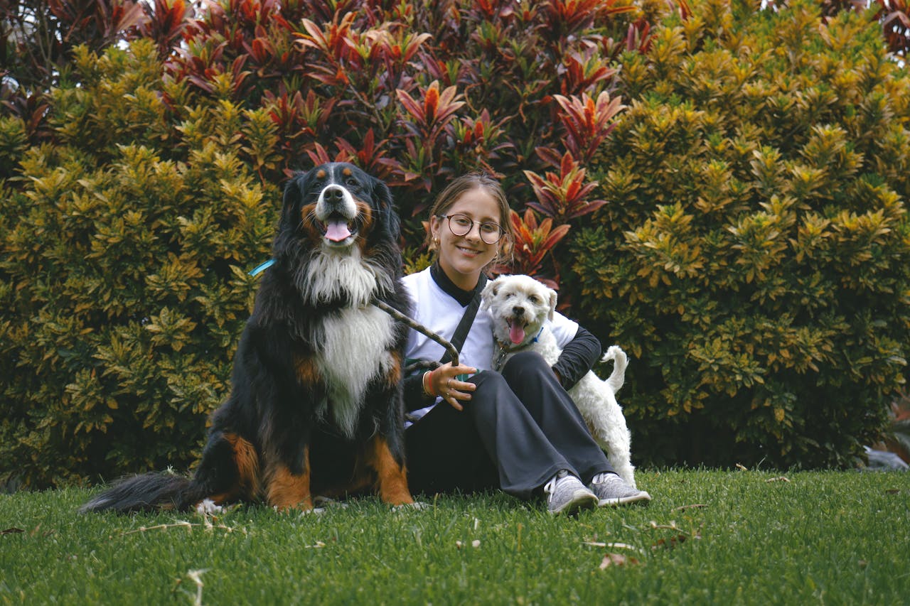 A smiling woman sits with two happy dogs in a lush garden, surrounded by colorful foliage.